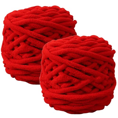 HOIRIX Deckengarn, grobes Chenille-Garn, 100 g, flauschiges Plüschgarn, dickes Garn zum Häkeln, Stricken, Basteln (Rot, 2 Stück) von HOIRIX