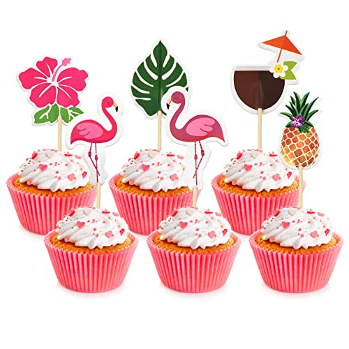 HOKPA Hawaii-Cupcake-Topper, 48 Stück, Flamingo-Ananas, tropische Palmenblätter, Kuchen-Picker für Hawaii, Luau, Sommer, Strand, Motto-Party, Gastgeschenke, Babyparty-Dekoration von HOKPA