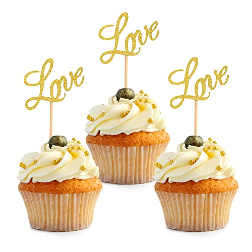 HOKPA Love Cupcake Topper, 48 Stück Gold Glitzer Dessert Lebensmittel Kuchen Picks für Babyparty Hochzeit Verlobung Braut Geburtstag Party Zubehör von HOKPA