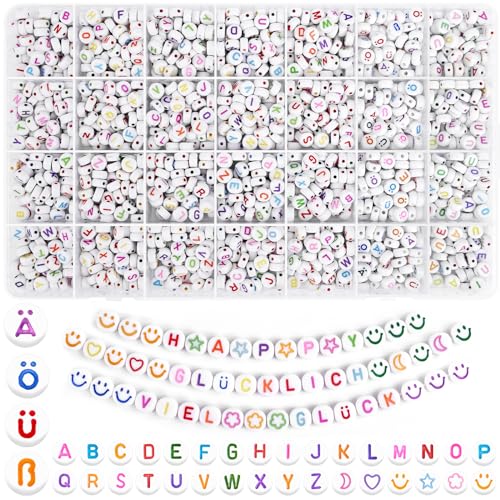 HOLDLEAF 1400 Stück Bunte Alphabet Perlen,Buchstabenperlen für Armbänder,7mm Rund Buchstaben Perlen zum Auffädeln A-Z Ä Ö Ü ß Smiley Herz Perlen,Selber Machen Buchstaben Perlen für Armbänder von HOLDLEAF