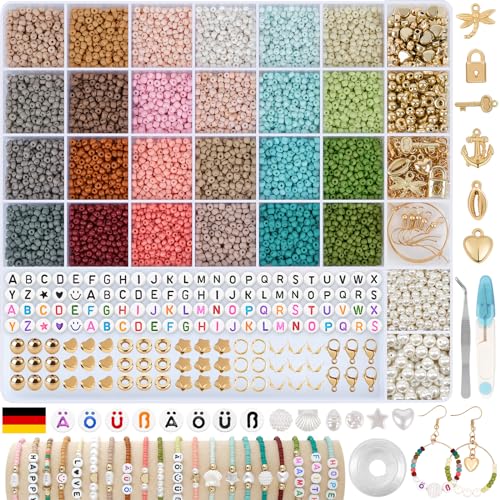 HOLDLEAF 3mm Bunte Perlen für Armbänder Charm Kit，Perlen zum Auffädeln mit 400 A-Z Ä Ö Ü ß Buchstabenperlen，Armbänder Selber Machen mit Glasperlen Perlen Set für Weihnachten Geburtstage von HOLDLEAF