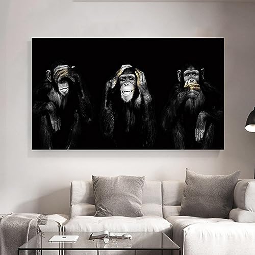 HOLEILUCK Moderne schwarz-weiße Tiere, Orang-Utans, Affen, Leinwandgemälde, Drucke, Wandkunst, Bilder für Wohnzimmer, Heimdekoration, 65 x 140 cm/26 x 55 Zoll, mit Rahmen von HOLEILUCK