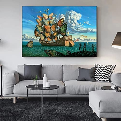 HOLEILUCK Salvador Dali Schiff mit Schmetterlingsinsekt HD-Druck, rahmenlose Gemälde, Drucke, Wandkunst, Bild für Wohnzimmer, Heimdekoration, 60 x 105 cm/24 x 41 Zoll, ungerahmt von HOLEILUCK