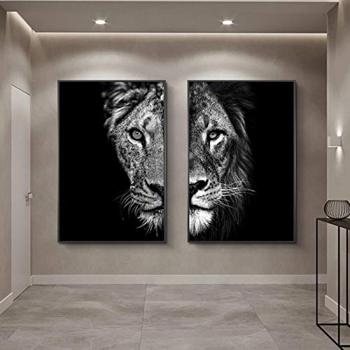 HOLEILUCK Schwarz-weißer afrikanischer Löwe, Leinwandgemälde, Wandkunst, 2 Stück, Poster und Drucke, Tiere, rahmenlose Bilder für Wohnzimmer, 60 x 80 cm/24 x 31 Zoll x 2 Stück, ungerahmt von HOLEILUCK