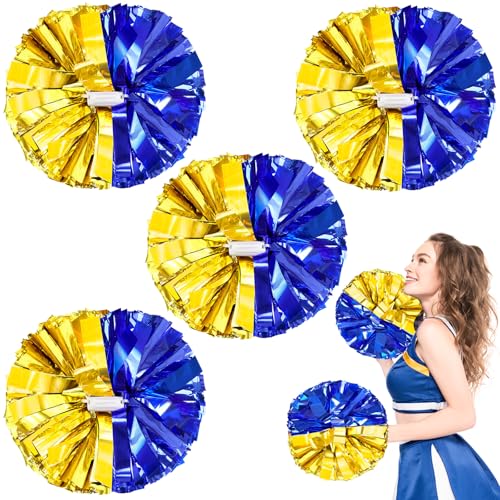 HOLENGS Cheerleader-Pompons, Cheerleader-Pompons für Kinder und Erwachsene, Cheerleader-Pompons für Schule, Sport, Spiele, Tanzparty, 30,5 cm, 4 Stück (Blau + Gold) von HOLENGS