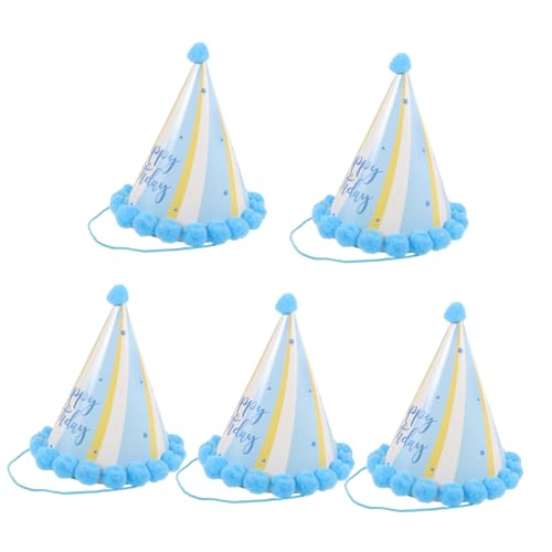 HOLIDYOYO 5st Bommelmütze Partyhüte Für Kindergeburtstag -geburtstagsmütze Geburtstag Papierhut Glitzer Pompons Geburtstagshut Aus Papier Geburtstag Prinz Hut Geburtstagskronenhut Blue von HOLIDYOYO