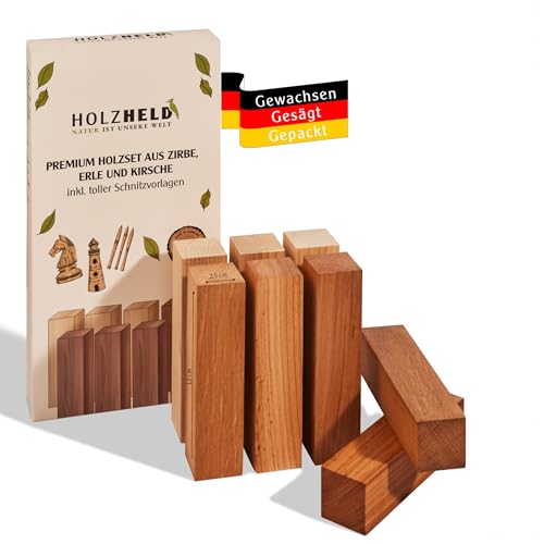 HOLZHELD - Edles Holzschnitz-Set, 8-teilige aus deutscher Zirbe, Erle & europ. Kirsche – Natürlich u. nachhaltig, große unbehandelte Holzblöcke zum Schnitzen(14x3,5x3,5 cm), inkl. Schnitzvorlagen von HOLZHELD