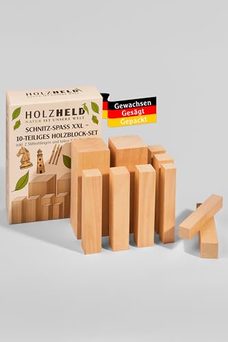 HOLZHELD - 10- teiliges Lindenholz-Set XXL inkl. Stiftrohling, Schnitzholz, Holzrohlinge, Holz zum Schnitzen, Geschenk, künstlerisches Werken, unbehandeltes Holz von HOLZHELD