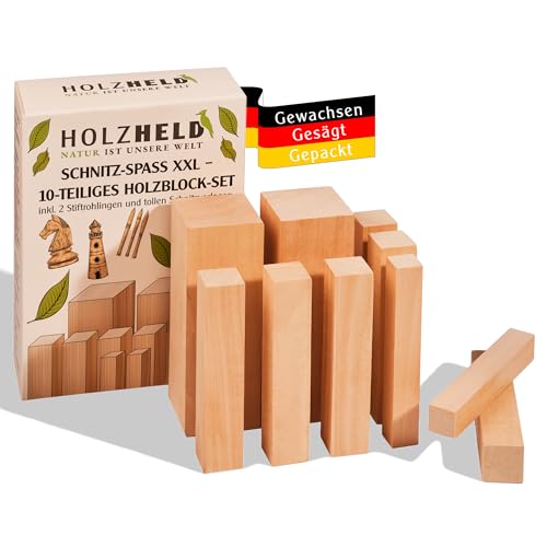 HOLZHELD - 10- teiliges Lindenholz-Set XXL inkl. Stiftrohling, Schnitzholz, Holzrohlinge, Holz zum Schnitzen, Geschenk, künstlerisches Werken, unbehandeltes Holz von HOLZHELD