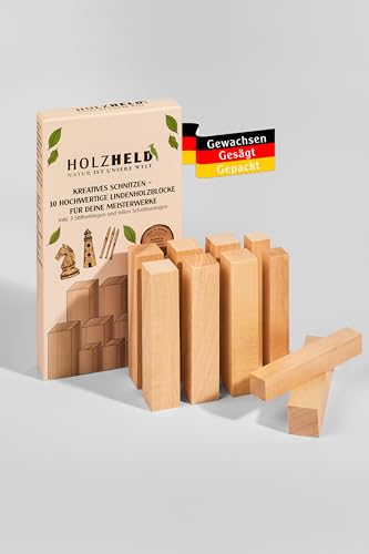 HOLZHELD -10-teiliges Schnitzholz Set aus Lindenholz inkl. Stiftrohling, Schnittholz, Holzrohlinge, Holz zum Schnitzen, unbehandeltes Holz, kreatives Geschenk. von HOLZHELD