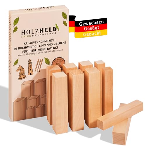 HOLZHELD 10-teiliges Holzschnitz-Set aus deutschem Lindenholz – 7 Holzklötze (12x2,5x2,5 cm) & 3 Stiftrohlinge (12x1,8x1,8 cm), inkl. Schnitzvorlagen, ideal für kreative Projekte, Kinder & Anfänger von HOLZHELD