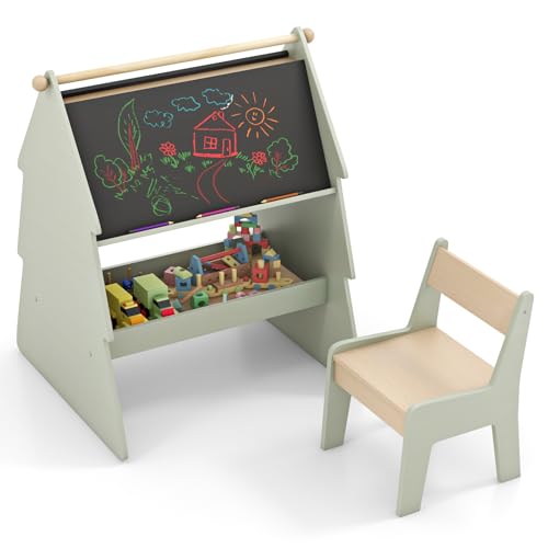 HOMASIS 2 in 1 doppelseitige Kindertafel, Holz Staffelei mit Kreidetafel & Papierrolle, Kinderstaffelei im Baumform mit Stuhl & Ablage, Standtafel Maltafel für Kinder ab 3 Jahren, Grün, 68x60x80 cm von HOMASIS