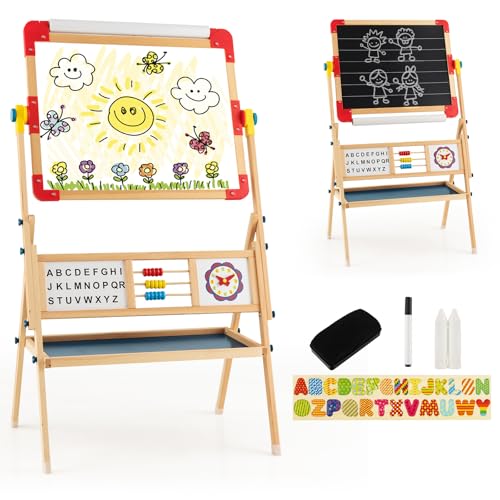 HOMASIS 3 in 1 Kindertafel doppelseitig, Holz Staffelei mit Kreidetafel, magnetischen Whiteboard & Papierrolle, Kinderstaffelei 360°drehbar mit Abakus, Alphabet & Uhr, Maltafel für Kinder ab 3 Jahren von HOMASIS