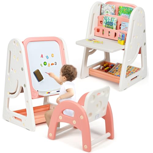 HOMASIS 3 in 1 Kindertafel mit Kindersitzgruppe & Bücherregal, Kindertisch mit Stuhl Set höhenverstellbar, Kinder Staffelei mit Aufbewahrungsablage, Standtafel Maltafel für Kinder ab 3 Jahren (Orange) von HOMASIS