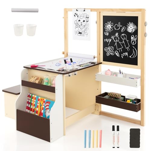 HOMASIS 6 in 1 Kindertafel, Holz Kindertisch Stuhl Set mit Staffelei, höhenverstellbare Maltafel mit Kreidetafel & Whiteboard & Papierrolle, Kindersitzgruppe für Kinder ab 3 Jahren (Braun) von HOMASIS