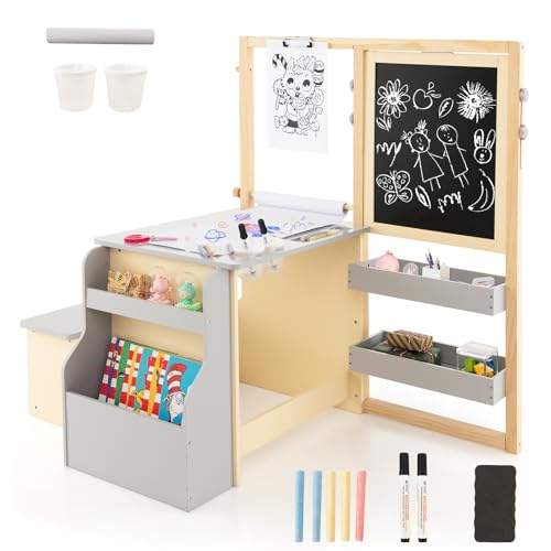 HOMASIS 6 in 1 Kindertafel, Holz Kindertisch Stuhl Set mit Staffelei, höhenverstellbare Maltafel mit Kreidetafel & Whiteboard & Papierrolle, Kindersitzgruppe für Kinder ab 3 Jahren (Grau) von HOMASIS