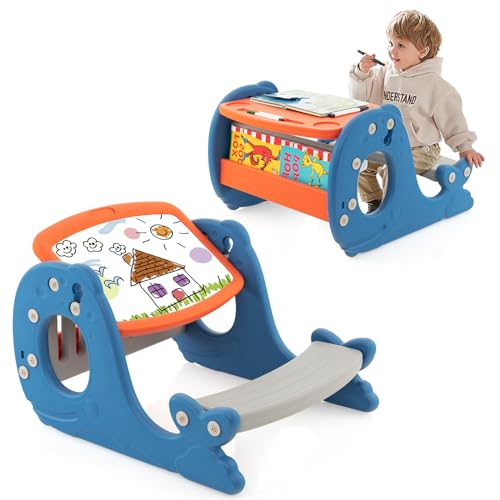 HOMASIS Spieltisch und Tafel für Kinder, umwandelbare Staffelei für Kinder, 4-in-1 mit Sitzbank, Zeichentisch mit Brett und Walform, für Kinder über 1 Jahr, 67 x 54 x 39 cm, Blau von HOMASIS