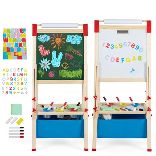 HOMASIS Staffelei für Kinder, doppelseitig, höhenverstellbare Kindertafel, mit Kreidetafel und Zeichenpapier, für Kinder von 3 bis 8 Jahren, mit Aufbewahrungstasche, 44 x 40 x 102-126 cm von HOMASIS