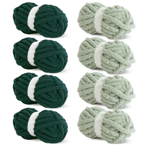 HOMBYS 8 Stück sortierte grobe Garne zum Häkeln, super sperriges, großes, weiches, flauschiges Plüschgarn, dickes Chenille-Garn zum Handstricken/Armstricken, 4 Grün und 4 Dunkelgrün (27 m, 227 g pro von HOMBYS