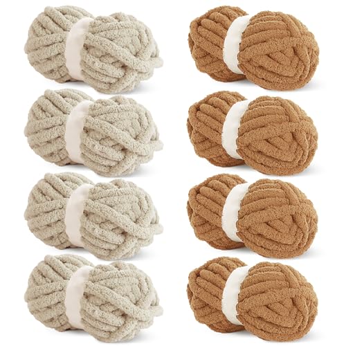 HOMBYS 8 Stück sortierte grobe Garne zum Häkeln, super sperriges, großes, weiches, flauschiges Plüschgarn, dickes Chenille-Garn zum Handstricken/Armstricken, 4 Khaki und 4 Kaffee (30 m, 227 g pro von HOMBYS