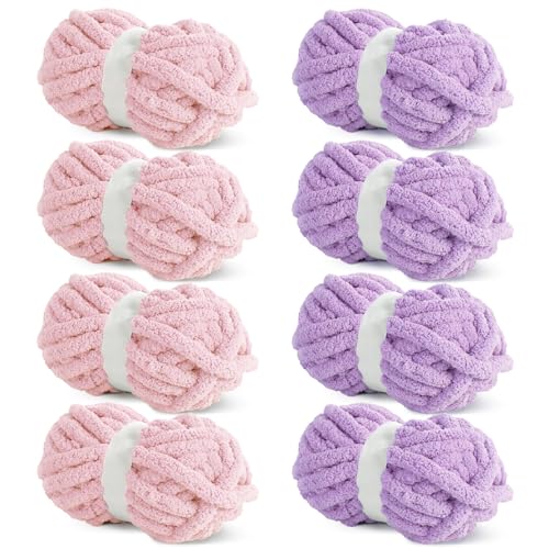 HOMBYS 8 Stück sortierte grobe Garne zum Häkeln, super sperriges, großes, weiches, flauschiges Plüschgarn, dickes Chenille-Garn zum Handstricken/Armstricken, 4 rosa und 4 lila (27 m, 227 g pro Knäuel) von HOMBYS