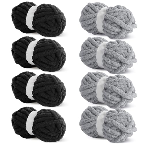 HOMBYS 8 Stück sortierte grobe Garne zum Häkeln, super sperriges, großes, weiches, flauschiges Plüschgarn, dickes Chenille-Garn zum Handstricken/Armstricken, 4 schwarz und 4 grau (27 m, 227 g pro von HOMBYS