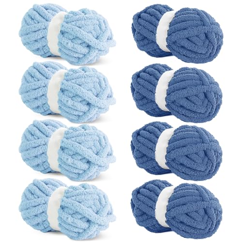 HOMBYS 8 Stück sortierte grobe Garne zum Häkeln, super sperriges, großes, weiches, flauschiges Plüschgarn, dickes Chenille-Garn zum Handstricken/Armstricken, Blau (27 m, 227 g pro Strang) von HOMBYS