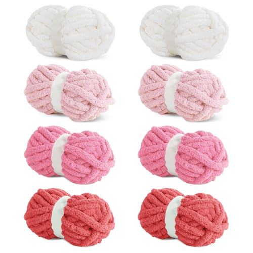 HOMBYS 8 Stück sortierte grobe Garne zum Häkeln, super sperriges, großes, weiches, flauschiges Plüschgarn, dickes Chenille-Garn zum Handstricken/Armstricken, roter Farbverlauf (27 m, 227 g pro Knäuel) von HOMBYS