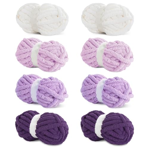 HOMBYS 8 Stück sortierte grobe Garne zum Häkeln, super sperriges, großes, weiches, flauschiges Plüschgarn, dickes Chenille-Garn zum Handstricken/Armstricken, violetter Farbverlauf (27 m, 227 g pro von HOMBYS