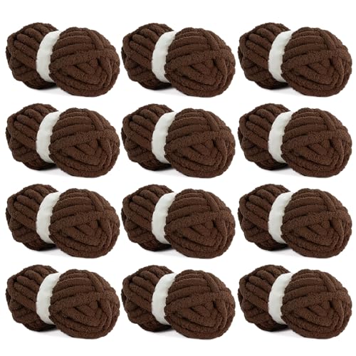 HOMBYS Dark Coffee Chunky Chenille-Garn zum Häkeln, sperriges, dickes, flauschiges Garn zum Stricken, super sperriges grobes Garn für Handstricken, Decke, weiches Plüschgarn, 12 Jumbo-Packungen (27 m, von HOMBYS