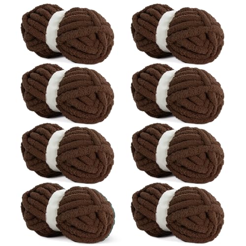 Hombys Dark Coffee Chunky Chenille-Garn zum Häkeln und Stricken, super sperrig, weicher Plüsch, 8 Jumbo-Packungen (27 m, je 237 g) von HOMBYS