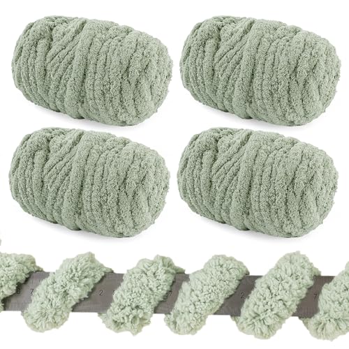 HOMBYS Dickes Chenille-Garn zum Häkeln, dickes Plüschgarn zum Armstricken, flauschiges Garn, weiches, flauschiges Jumbo-Garn zum Handstricken, großes Garn, 4er-Pack, Salbeigrün (jeder Knäuel 30 m, 538 von HOMBYS