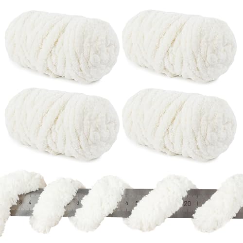 HOMBYS Dickes Chenille-Garn zum Häkeln, dickes Plüschgarn zum Armstricken, flauschiges Garn, weiches flauschiges Jumbo-Garn zum Handstricken, großes Garn, 4er-Pack, Cremeweiß (jeder Knäuel 30 m, 538 von HOMBYS