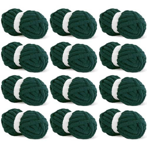 HOMBYS Dunkelgrünes, grobes Chenille-Garn zum Häkeln, sperriges, dickes, flauschiges Garn zum Stricken, super sperriges grobes Garn für Handstrickdecken, weiches Plüschgarn, 12 Jumbo-Packungen (27 m, von HOMBYS