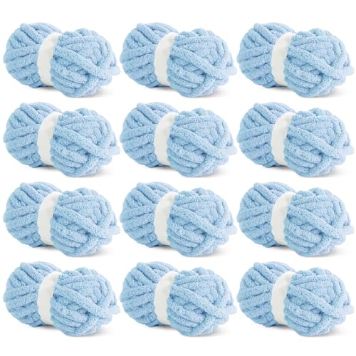 HOMBYS Hellblaues grobes Chenille-Garn zum Häkeln, sperriges, dickes, flauschiges Garn zum Stricken, super sperriges grobes Garn für Handstricken, Decke, weiches Plüschgarn, 12 Jumbo-Packungen (27 m, von HOMBYS