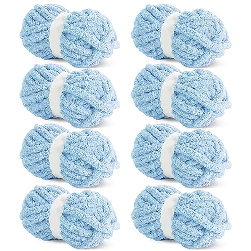 HOMBYS Hellblaues grobes Chenille-Garn zum Häkeln, sperriges, dickes, flauschiges Garn zum Stricken, super sperriges grobes Garn für Handstricken, Decke, weiches Plüschgarn, 8 Jumbo-Packungen (27 m, von HOMBYS