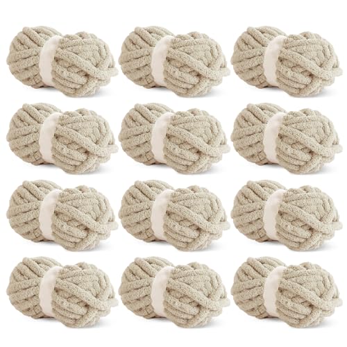 HOMBYS Khaki Chunky Chenille-Garn zum Häkeln, sperriges, dickes, flauschiges Garn zum Stricken, super sperriges grobes Garn für Handstrickdecken, weiches Plüschgarn, 12 Jumbo-Packungen (27 m, 227 g von HOMBYS