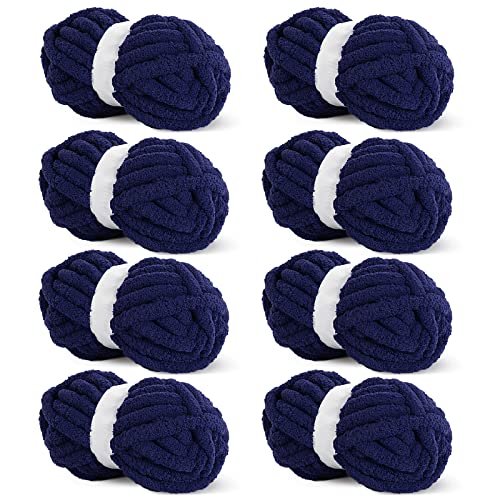 HOMBYS Marineblaues, grobes Chenille-Garn zum Häkeln und Stricken, super sperriges, dickes, flauschiges Garn für Handstrickdecke, 8 Jumbo-Pack (31.7 m, 227 g pro Knäuel) von HOMBYS