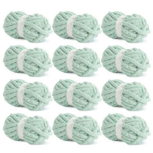 HOMBYS Mintgrünes, grobes Chenille-Garn zum Häkeln, sperriges, dickes, flauschiges Garn zum Stricken, super sperriges grobes Garn für Handstrickdecken, weiches Plüschgarn, 12 Jumbo-Packungen (27 m, von HOMBYS