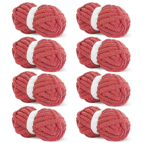 HOMBYS Rotes grobes Chenille-Garn zum Häkeln, sperriges, dickes, flauschiges Garn zum Stricken, super sperriges grobes Garn für Handstrickdecken, weiches Plüschgarn, 8 Jumbo-Packungen (27 m, 227 g pro von HOMBYS