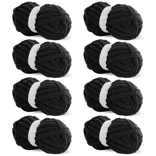 HOMBYS Schwarzes grobes Chenille-Garn zum Häkeln, sperriges, dickes, flauschiges Garn zum Stricken, super sperriges grobes Garn für Handstrickdecken, weiches Plüschgarn, 8 Jumbo-Packungen (27 m, 227 g von HOMBYS