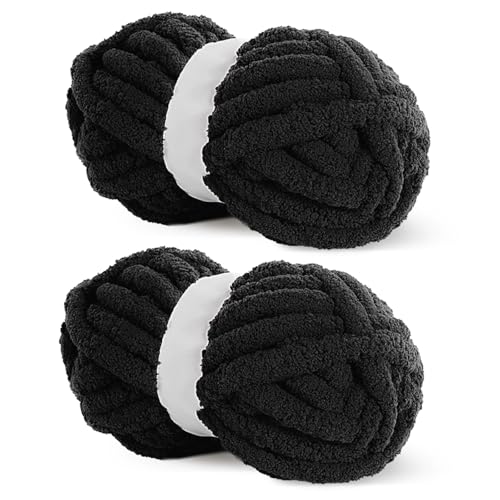 HOMBYS Schwarzes grobes Chenille-Garn zum Häkeln, sperriges, dickes, flauschiges Garn zum Stricken, super sperriges grobes Garn für Handstrickdecken, weiches Plüschgarn, 2 Jumbo-Packungen (27 m, 227 g von HOMBYS