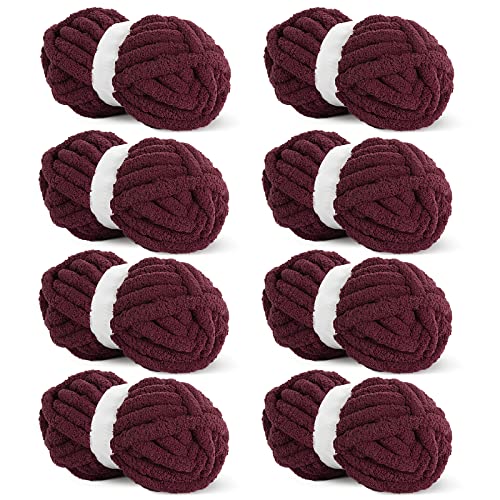 HOMBYS Weinrotes, grobes Chenille-Garn zum Häkeln, sperriges, dickes, flauschiges Garn zum Stricken, super sperriges, grobes Garn für Handstrickdecke, 8 Jumbo-Pack (31.7 m, 227 g pro Knäuel) von HOMBYS