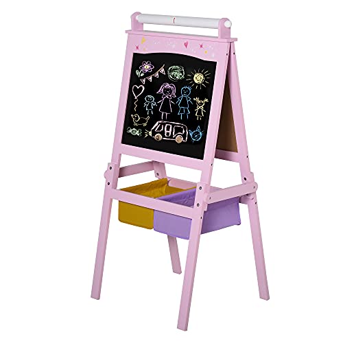 HOMCOM Kindertafel Kinder Staffelei Schreibtafel 3-in-1-Design Spieltafel mit 2 abnehmbaren Aufbewahrungskörben magnetisch für Kinder über 3 Jahre MDF Vliesstoff Rosa 58,5 x 50,5 x 118 cm von HOMCOM