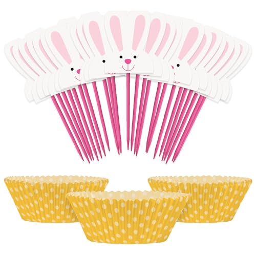 Bunny Rabbit Futterspieße und gelbe gepunktete Einsätze für 24 Cupcakes von HOME & HOOPLA