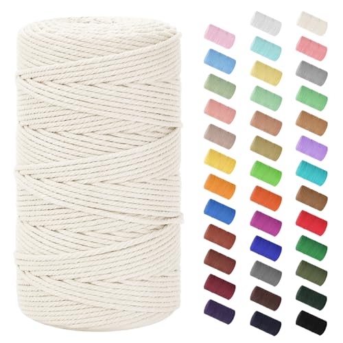 Makramee Garn 3mm x 200m, Baumwollkordel Farbig Baumwollgarn Geflochten Baumwollseil, Natürliche Baumwollschnur für Makramee Wandbehang, Blumenampel, Vorhang und Mehr DIY Deco, Natürlich von HOMEBOBO