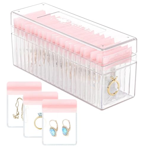 HOMEHIVE Acryl-Schmuckkästchen, transparenter Schmuck-Organizer mit 20 tragbaren Schmucktaschen, Anlaufschutz, Reise-Schmuckschatulle für Ohrringe/Ringe/Halsketten für Damen und Mädchen, Rosa von HOMEHIVE