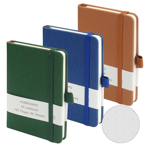 HOMEMARS Notizbuch A6, 3 Stück Notizbücher Set, Bullet Dotted Journal, 14.4cm x 9.6cm Notizblock, Dotted, 192 Seiten, Notizheft, Notizblock,Braun Grün Blau von HOMEMARS