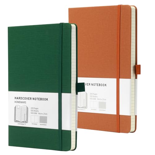 HOMEMARS Notizbuch Dotted A5, Hardcover Dotted Journal mit Premium 100 GSM Dickes Papier, Notebook, 2 Stück, Grün Braun, 200 Pages, Elastisch Gebändert,mit Lesezeichen, Stiftschlaufe,14.5 cm x 21 cm von HOMEMARS