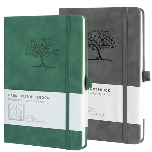 Notizbuch, Notebook, Notizbuch A5, Journal buch, Reisetagebuch, Notizbuch Liniert A5, Notizblock, Notizbücher A5, 100GSM, 200 Pages, 2 Stück, Reisetagebuch, Notizbuch Leder, Prägebaum Design,Grün Grau von HOMEMARS